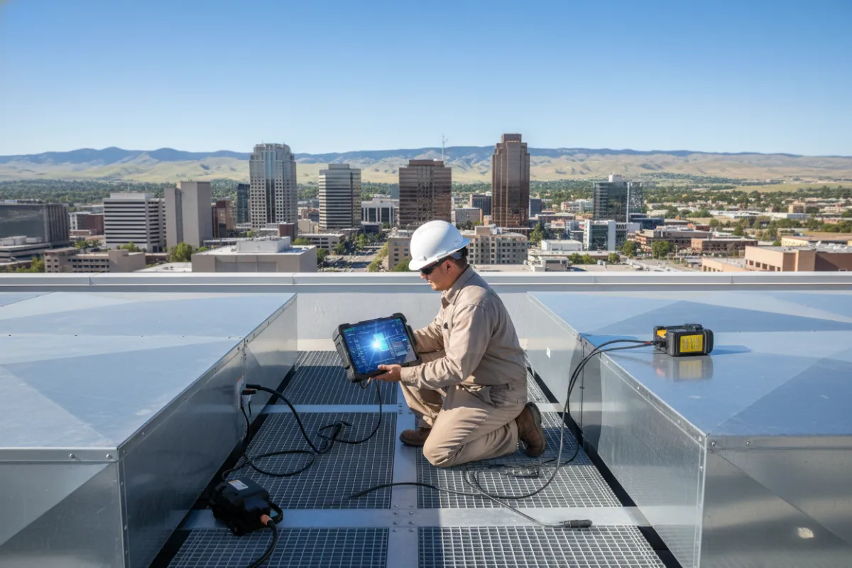 HVAC technician repairing a rooftop unit on a Boise commercial building, with cityscape and foothills in the background. Technician is focused, using digital tools, and the scene is bright, technical, and distinctly local.