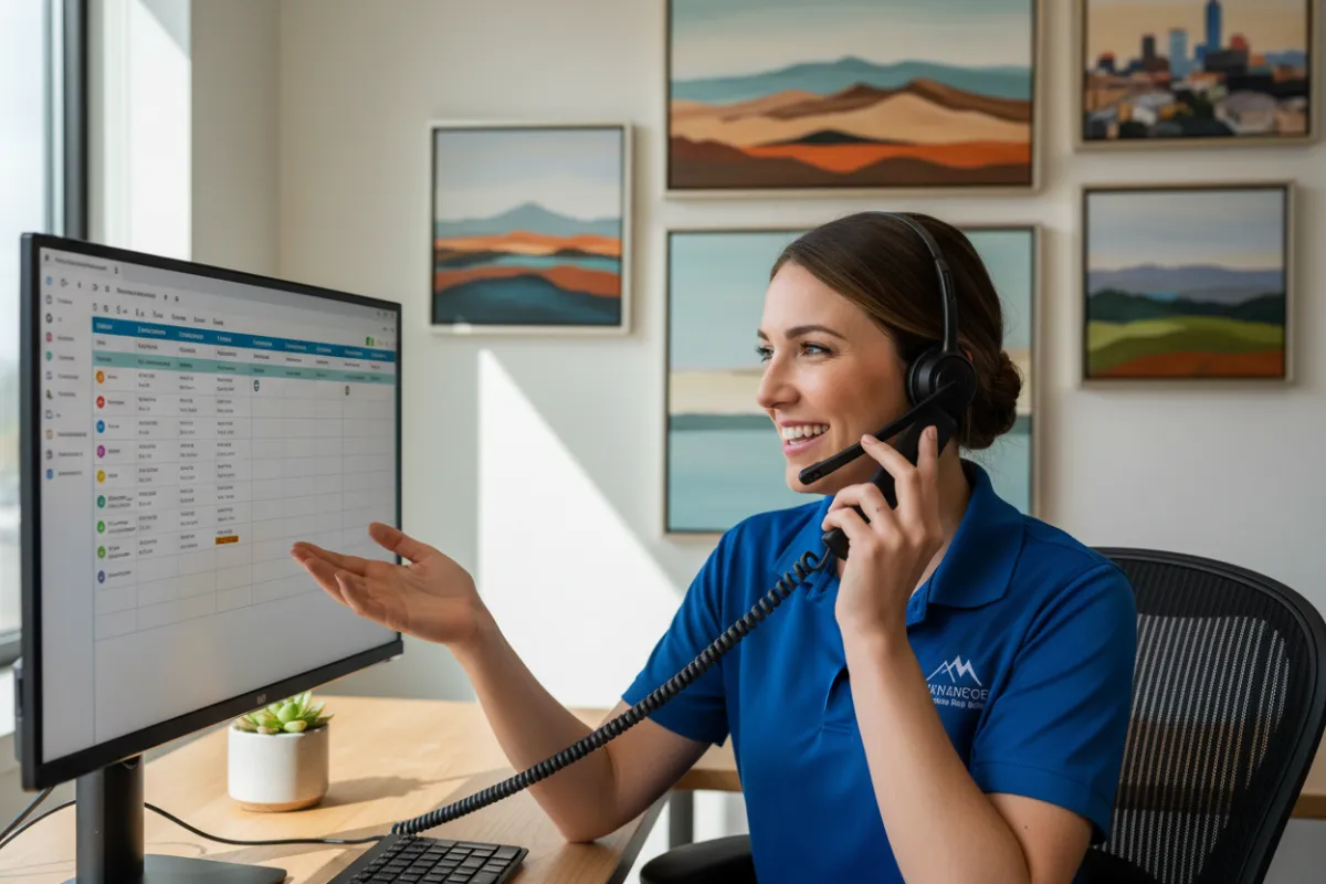 Friendly Boise HVAC dispatcher in a modern office, wearing a headset, smiling while assisting a customer on the phone. The workspace features local artwork and a digital scheduling screen, evoking efficiency and warmth.