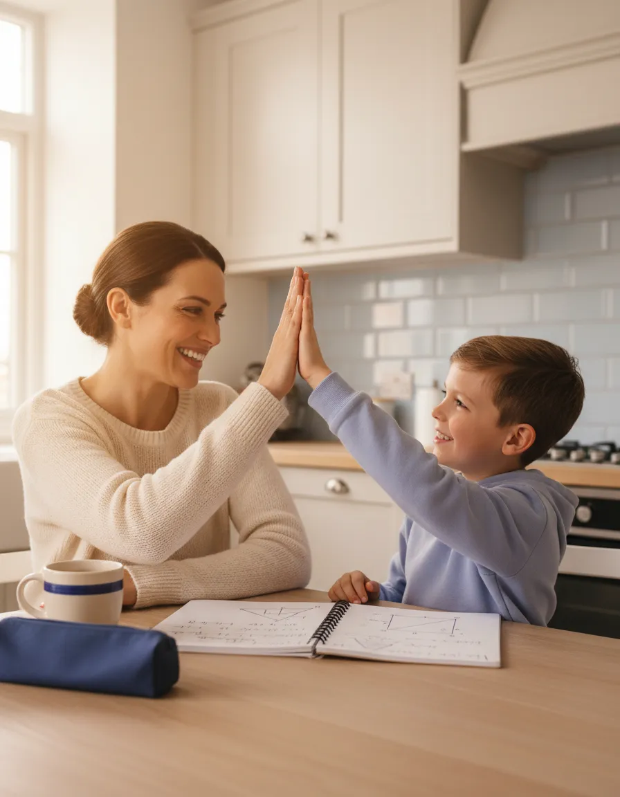 Parent and child high-fiving over a notebook