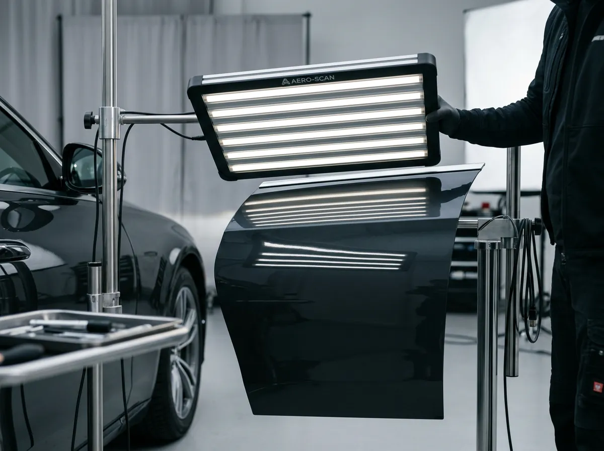 Specialized LED reflection board inspecting hail dent on automotive finish