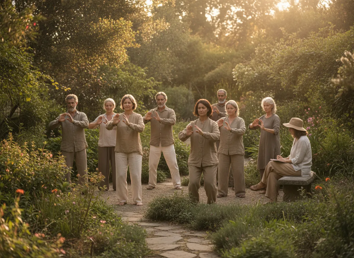 People practicing gentle movement and reflection in a serene retreat setting