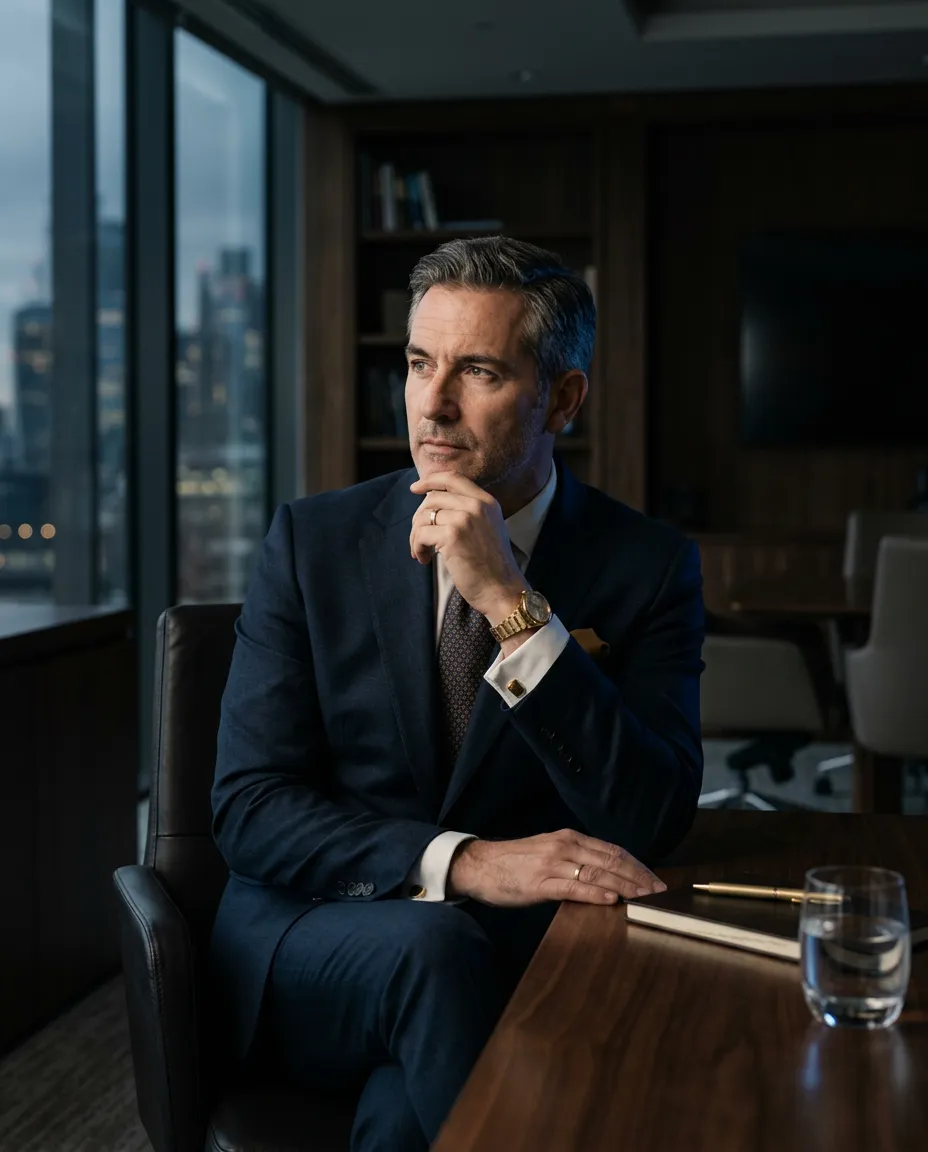 Executive Business Consultant in a Modern Editorial Office Setting