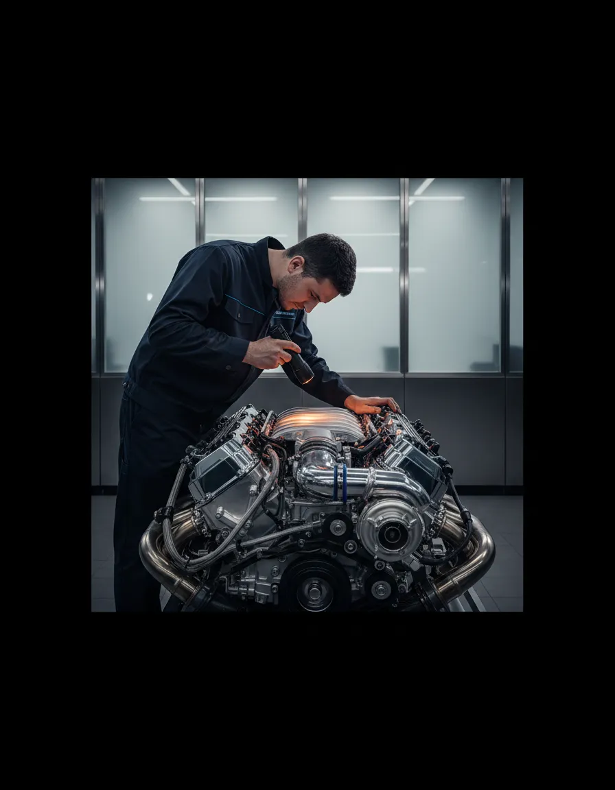 Technician inspecting a vehicle engine in a modern, spotless service bay