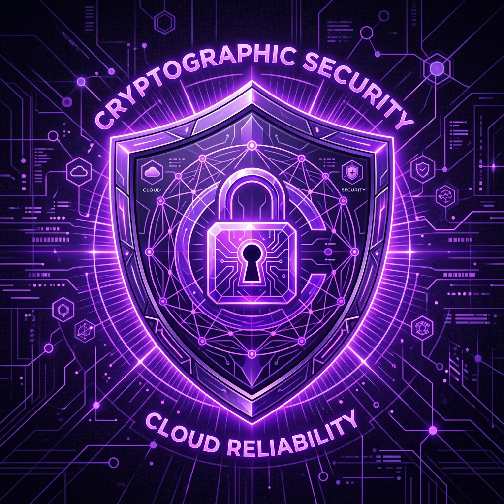 Cryptographic security shield with schematic cybernetic grid lines representing cloud reliability