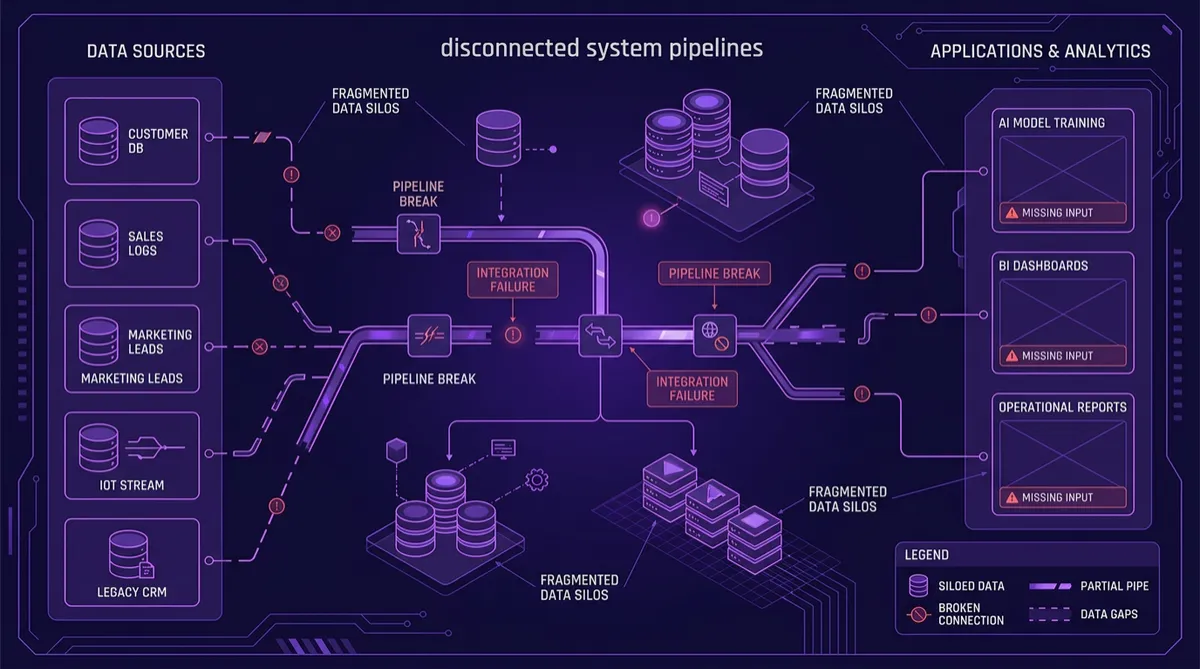 Technical architectural diagram showing fragmented data silos and disconnected system pipelines