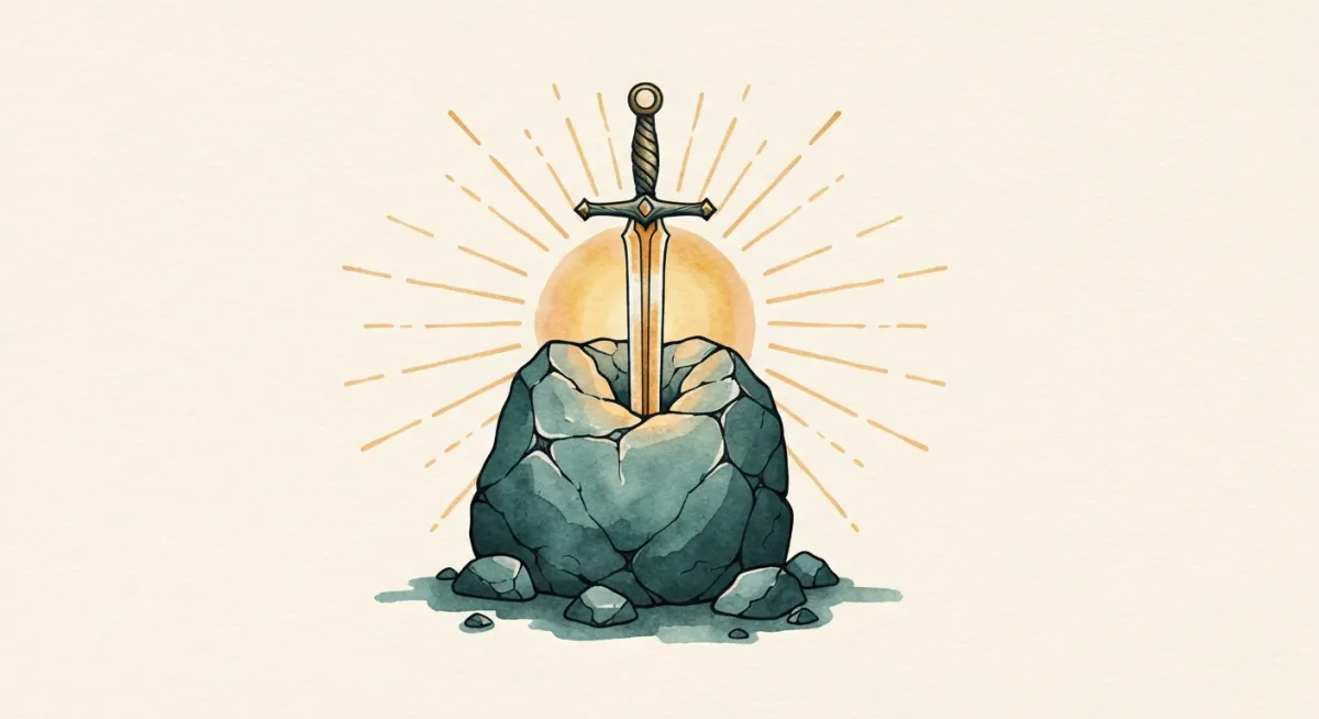 A heroic mythic illustration of a sword in a stone, bathed in warm light