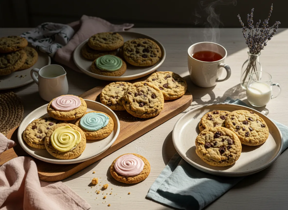 A pastel cookie assortment from Cookie Nook Bothell on a cozy table.