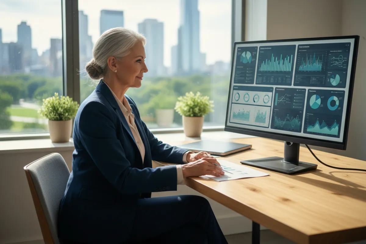 Senior advisor reviewing commercial financing strategy on a large monitor in a bright office.