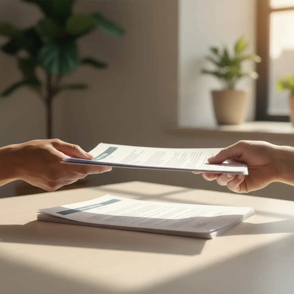 Close-up of hands exchanging signed loan documents on a light desk, conveying trust in the mortgage process.