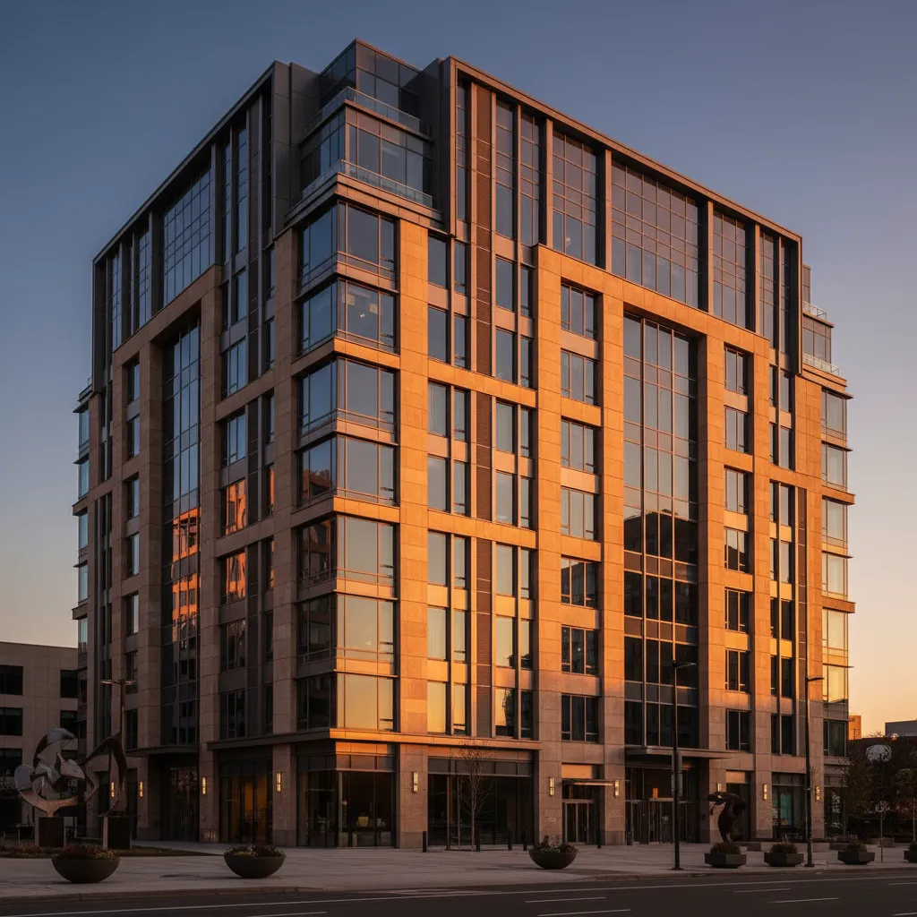 Modern mid-rise commercial building facade in golden hour light, emphasizing property value and scale for CRE advisory.