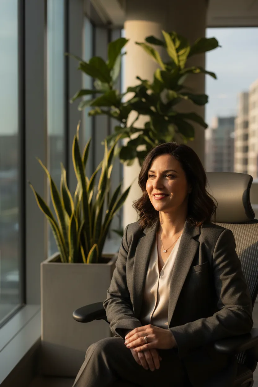 Confident mid-career female broker seated near a window in a modern office.