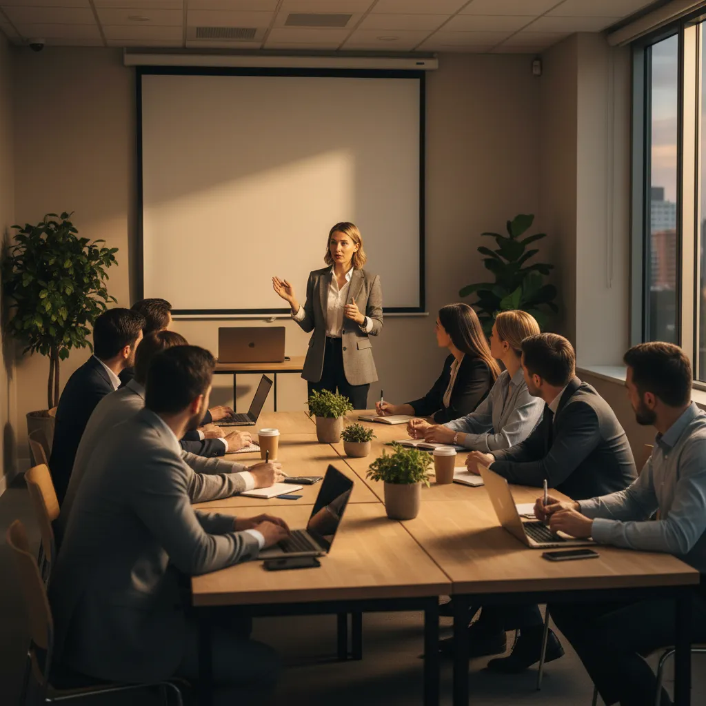 Classroom-style workshop with a speaker and attentive small business audience, highlighting training and expertise.