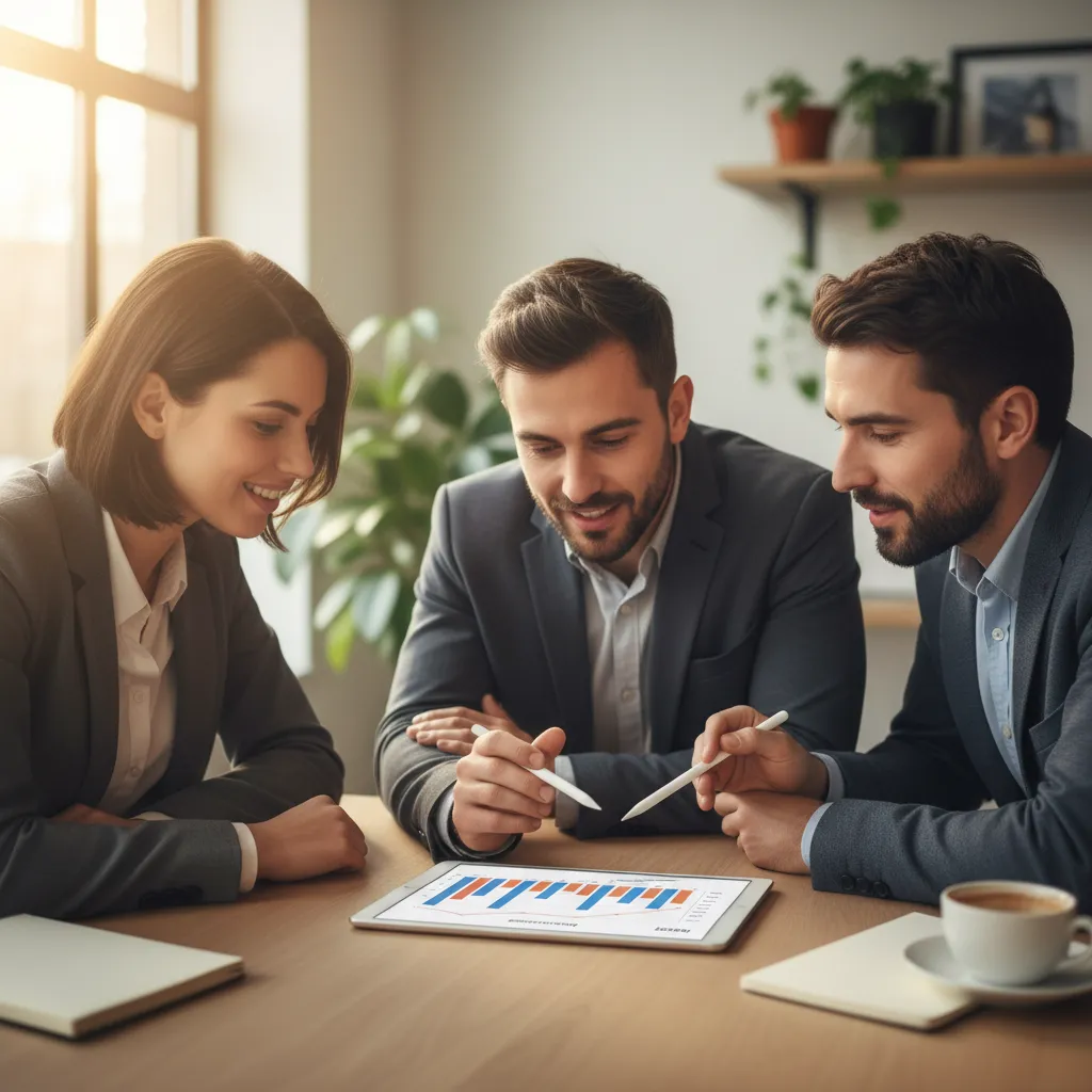 Three entrepreneurs reviewing a loan projection on a tablet at a bright table, conveying collaborative business advisory.