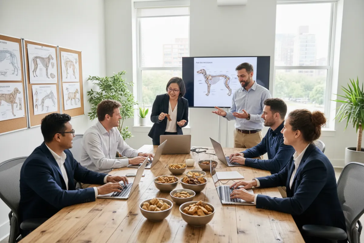 Team of diverse canine nutritionists and trainers, modern workspace, collaborative