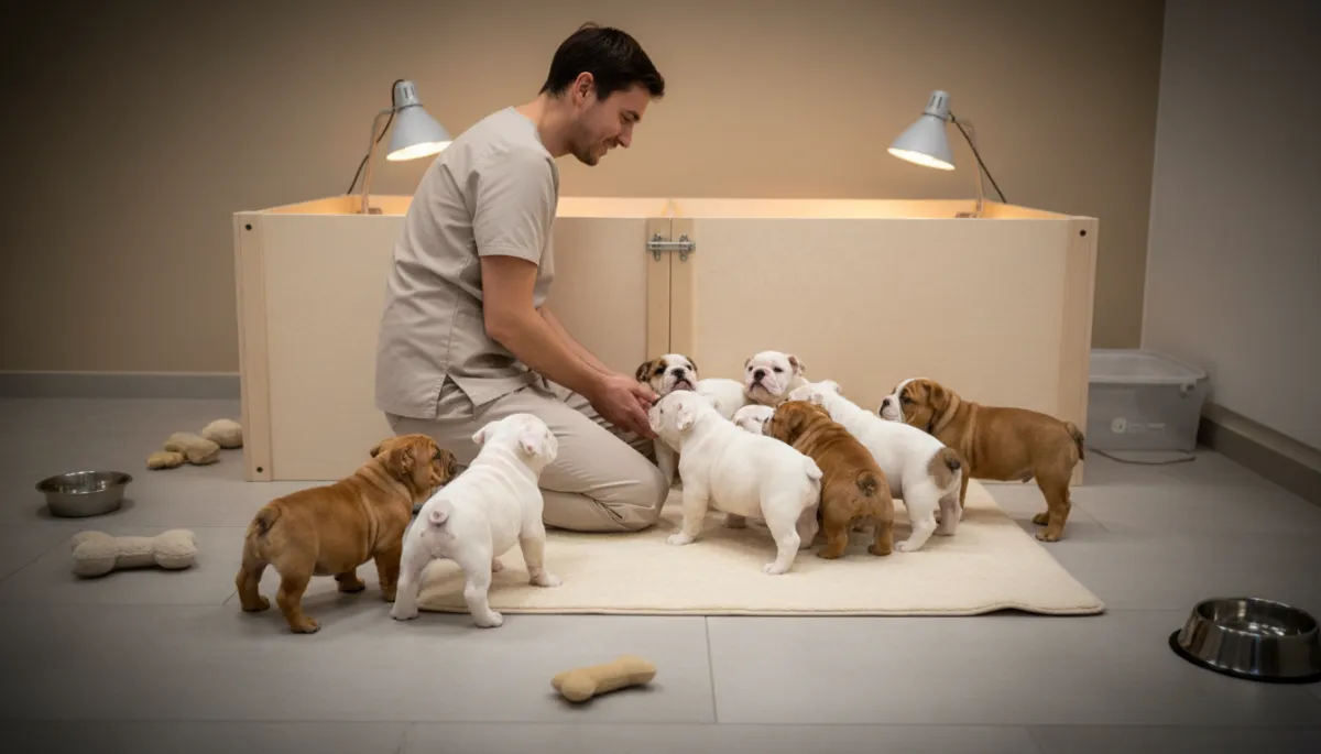 Breeder with bulldog litter