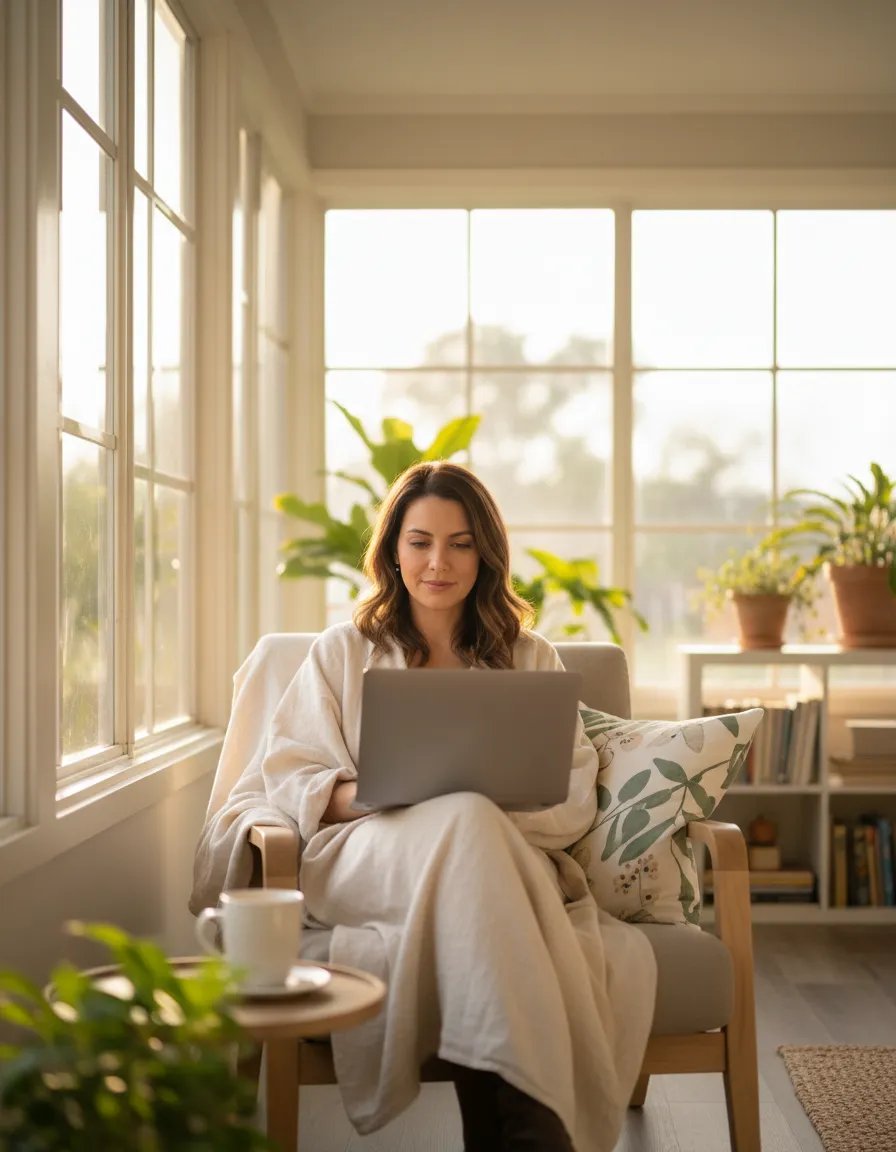Lorina Ruiz working flexibly with her laptop and a coffee in a naturally lit space