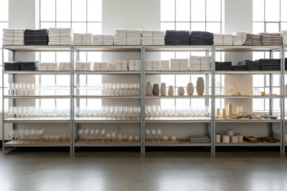 Event rental warehouse and inventory shelves