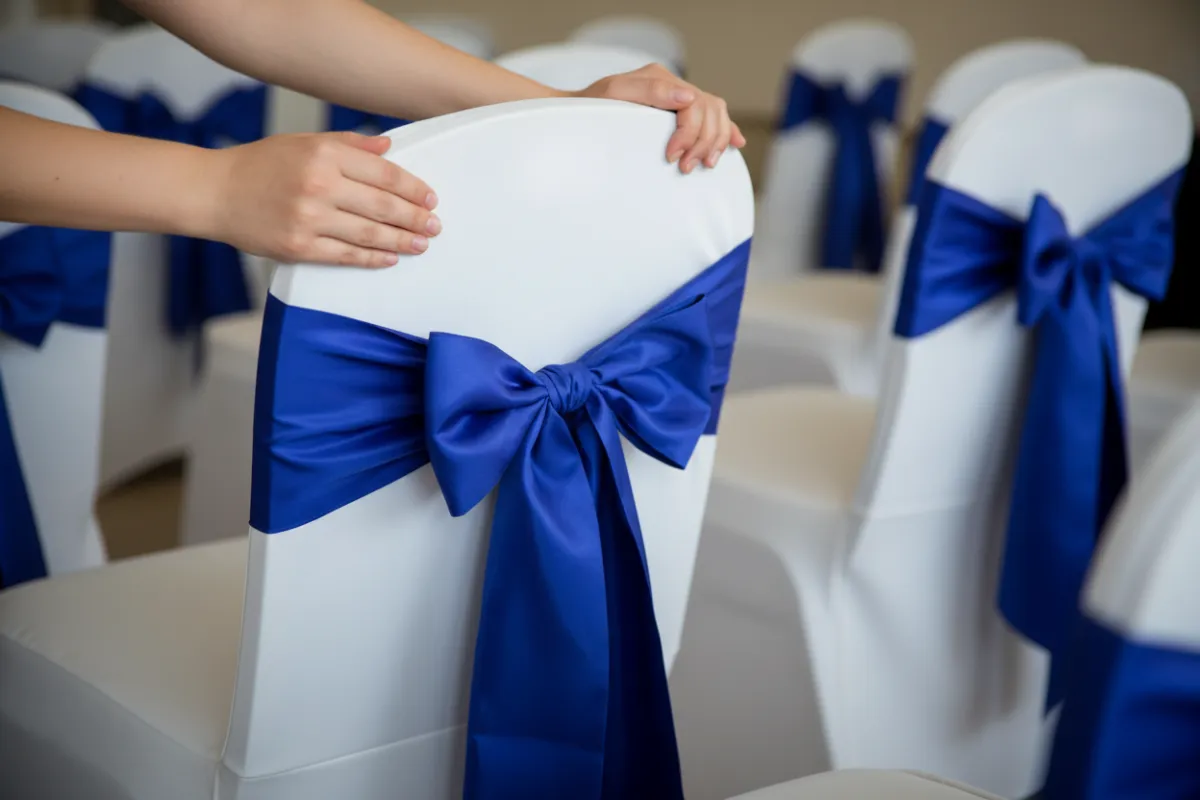 Event setup with linens and centerpieces