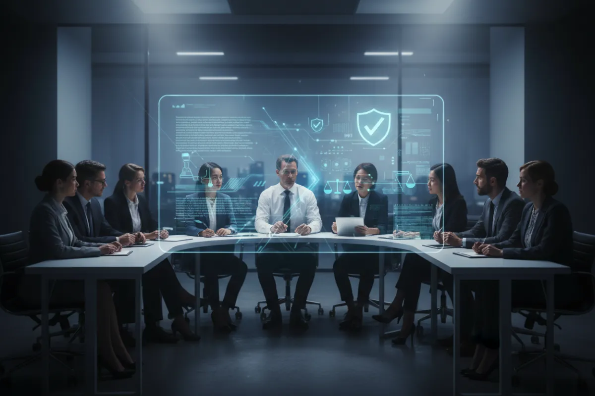 A diverse group of tax professionals attentively watching a virtual compliance briefing, with digital charts and compliance icons in the background, modern office setting, 3:2 aspect ratio.