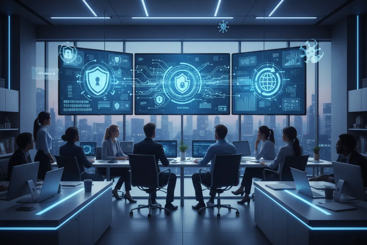 A diverse group of IT professionals attentively watching a cybersecurity webinar on large screens, with digital security icons overlaying the scene. Modern office, blue tones, 3:2 aspect ratio.