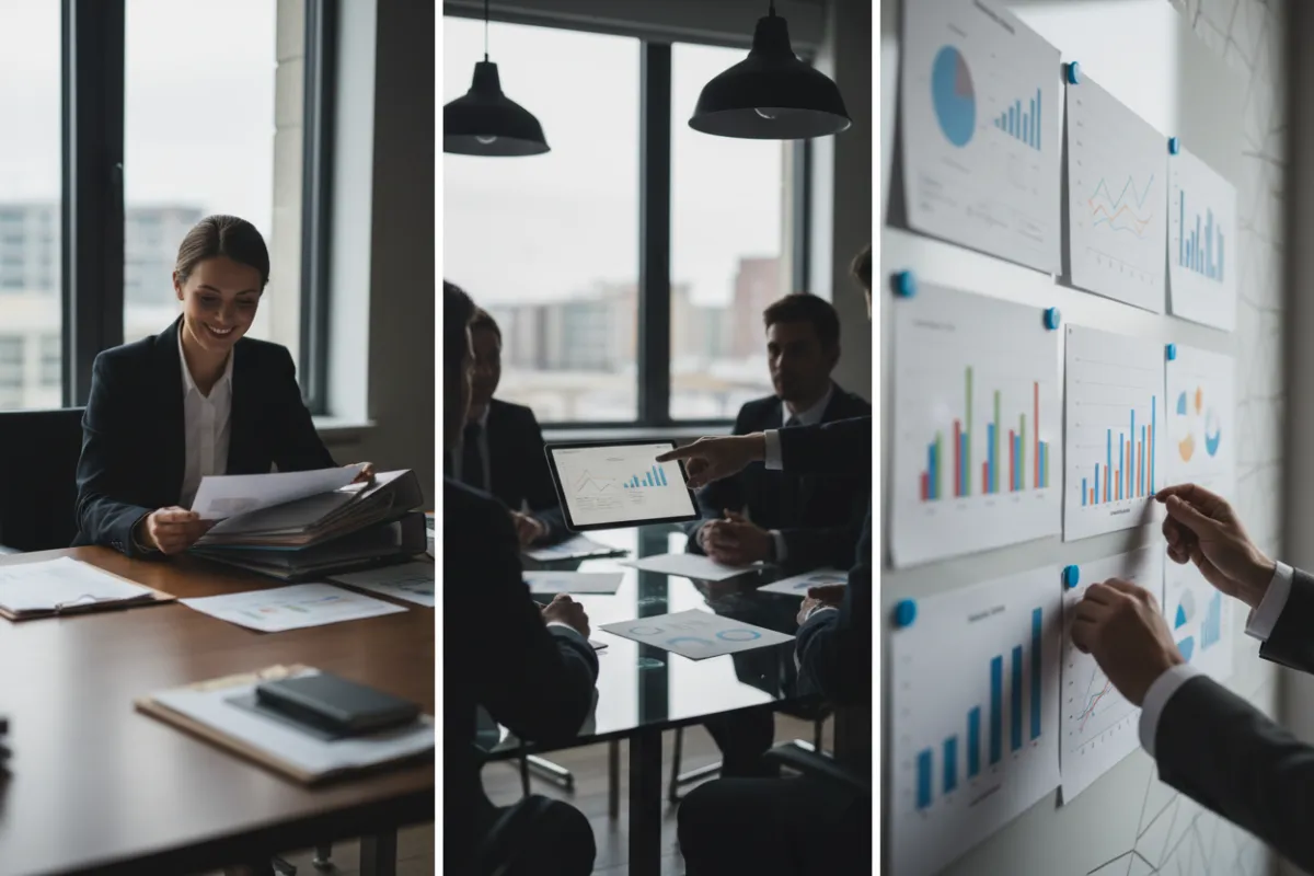 Three-image collage showing a smiling woman reviewing documents, a consultant pointing at a tablet, and hands organizing charts in a modern office.
