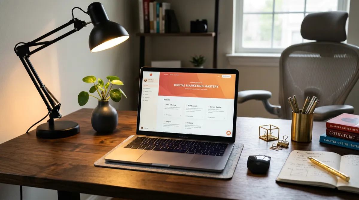 A sleek modern laptop open on a dark polished wooden desk, displaying a warm-toned course module dashboard. A stylish black desk lamp with warm golden light illuminates the scene, alongside a plant in a black vase and scattered gold office accessories.