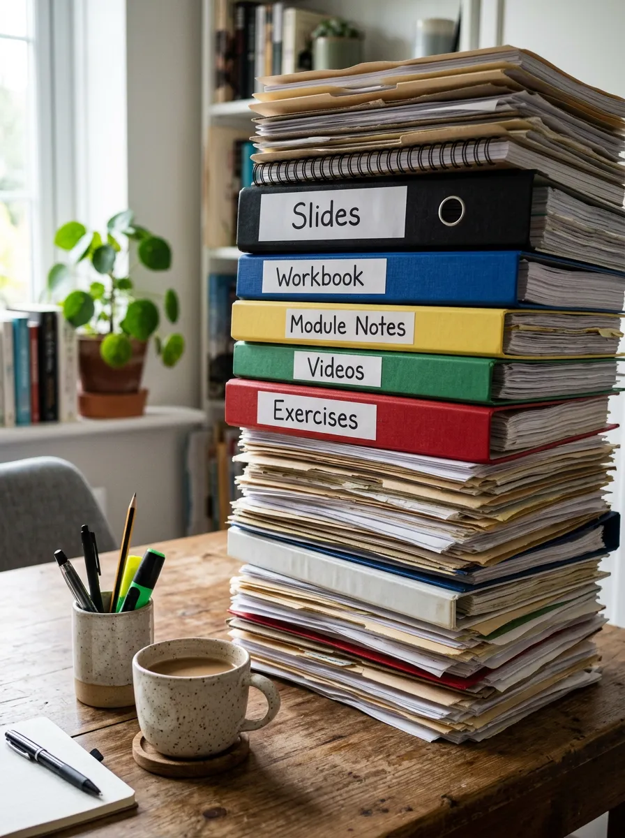 A very tall, messy stack of papers, binders, and folders on a wooden desk with white labels attached: 'Slides', 'Workbook', 'Module Notes', 'Videos', 'Exercises'.