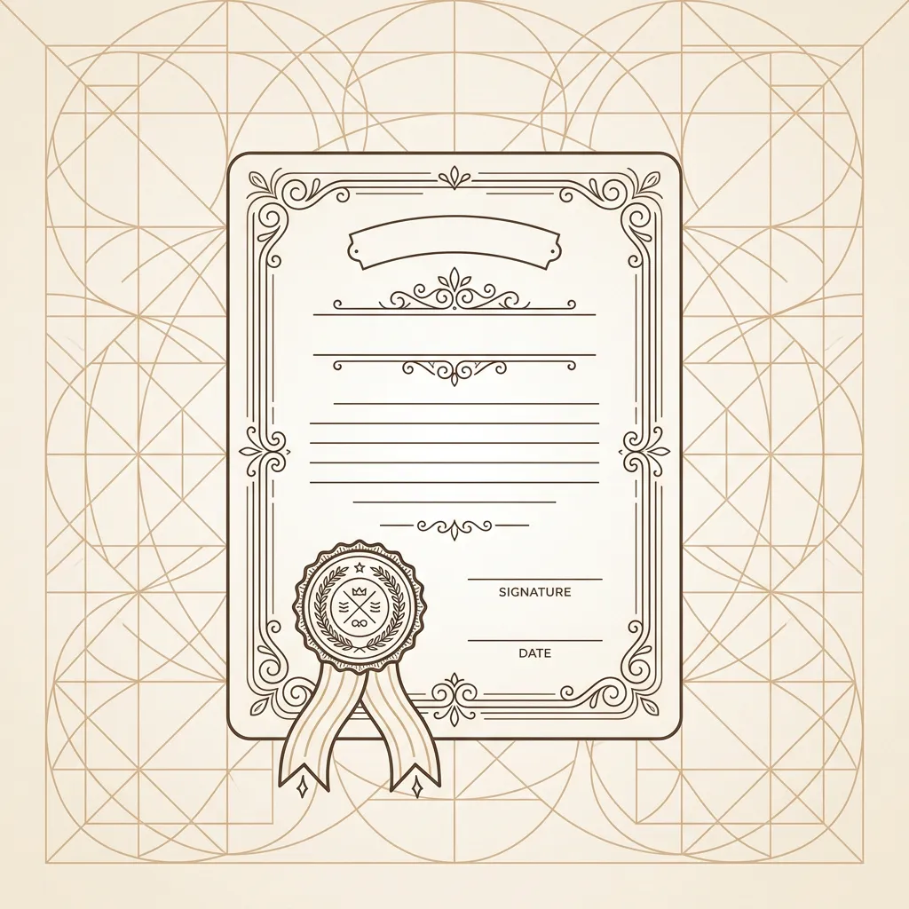 Line drawing illustration of a certificate with a seal and ribbon, overlaid on a geometric circle and grid pattern in tan colors on a light beige background.
