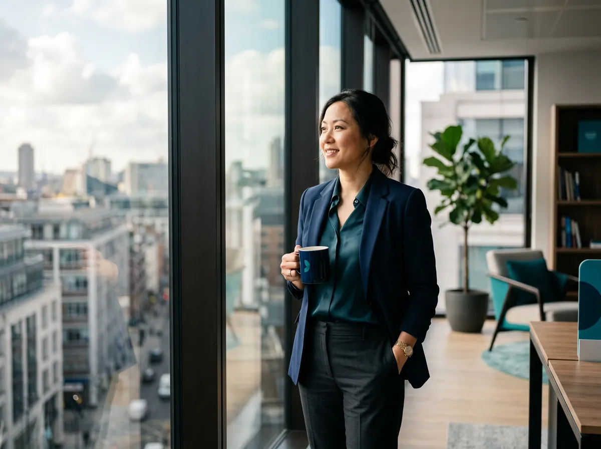 Confident business founder strategizing long-term corporate expansion with complete mental clarity