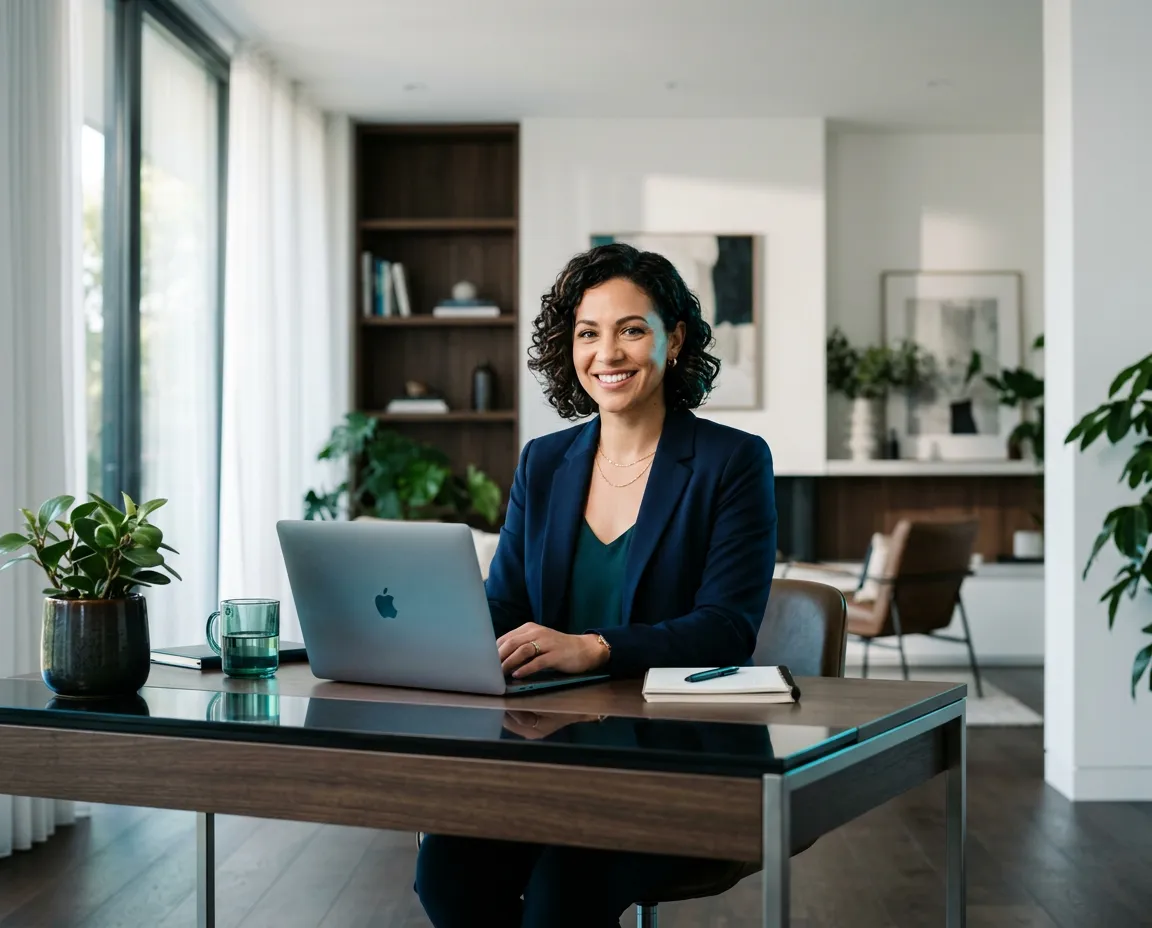 Executive remote professional working in a contemporary, sunlit modern office setup