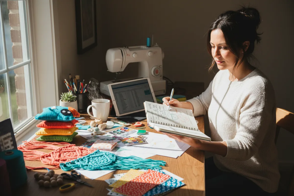 Woman reviewing craft business plans with colorful handmade items on desk