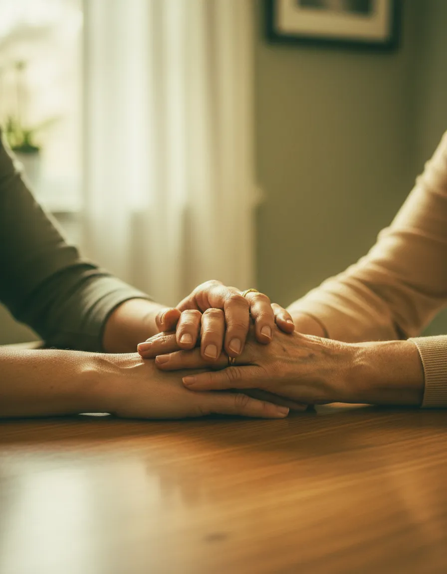 Adult daughter warmly holding her aging mother's hand