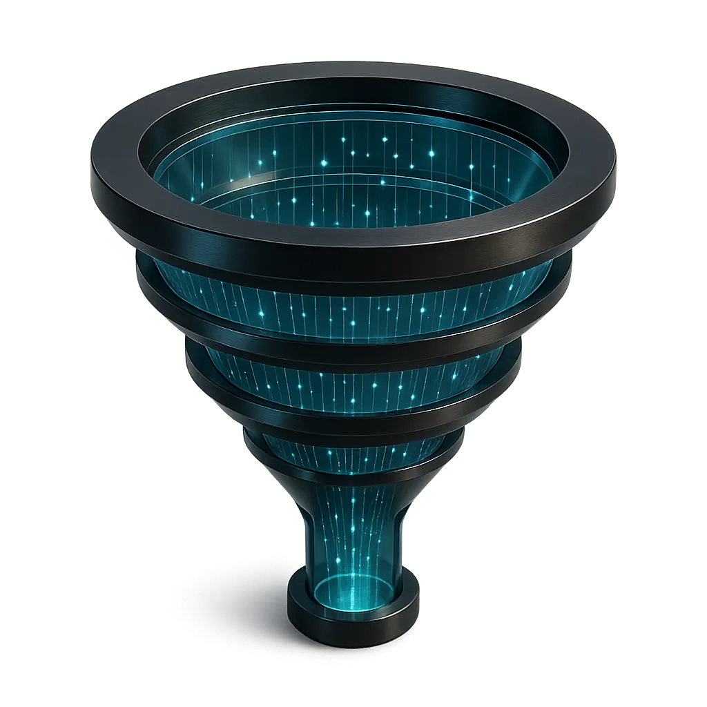 High-tech isometric funnel architecture rendering showing automated conversion stages and integrated data pipelines