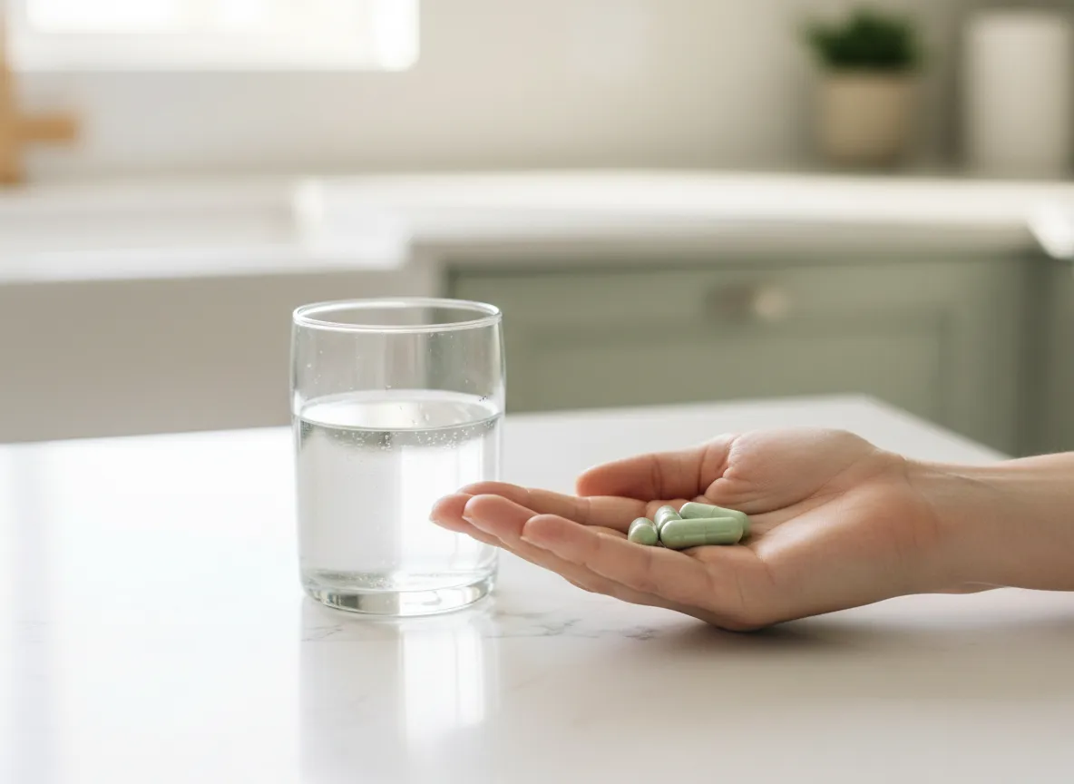 Person taking supplements with a glass of water