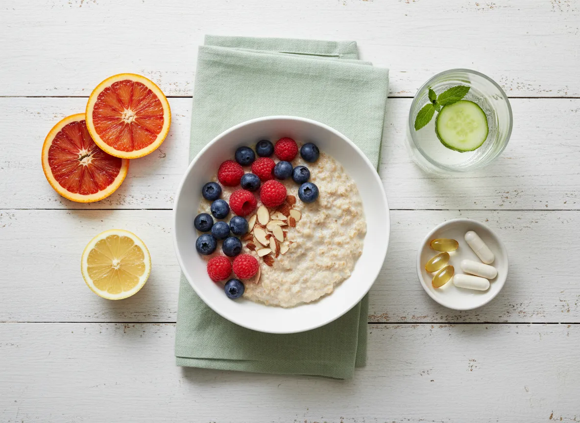 Healthy breakfast and supplements on a table