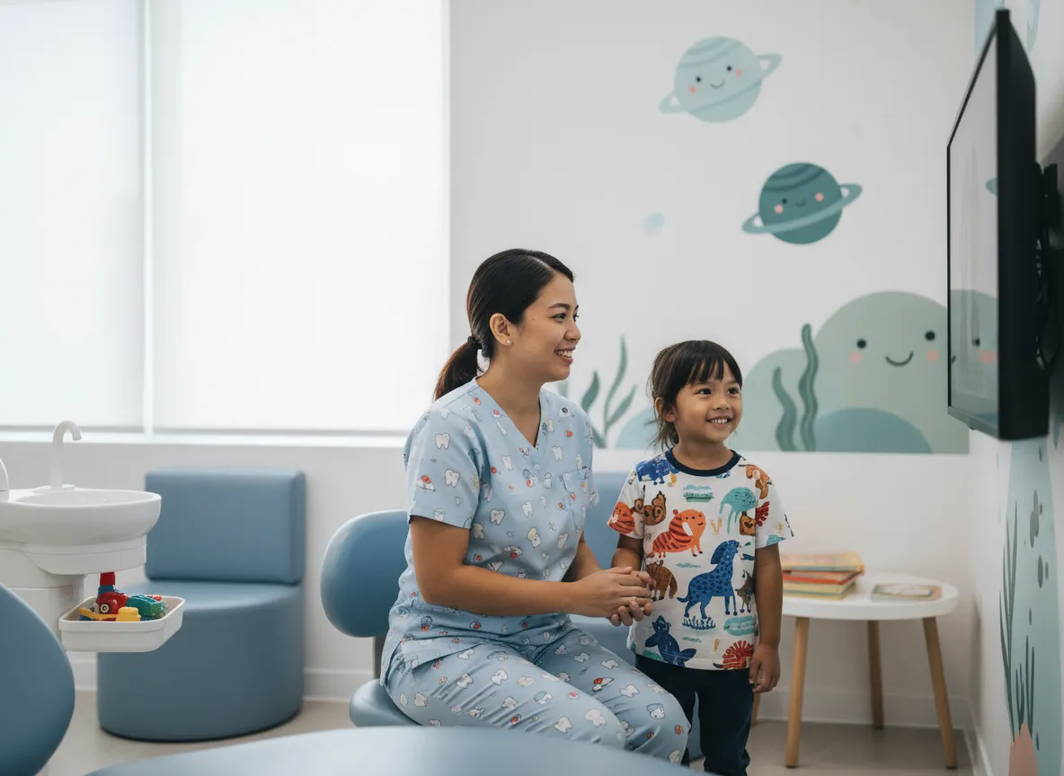 Child smiling with pediatric dentist in a bright, friendly clinic