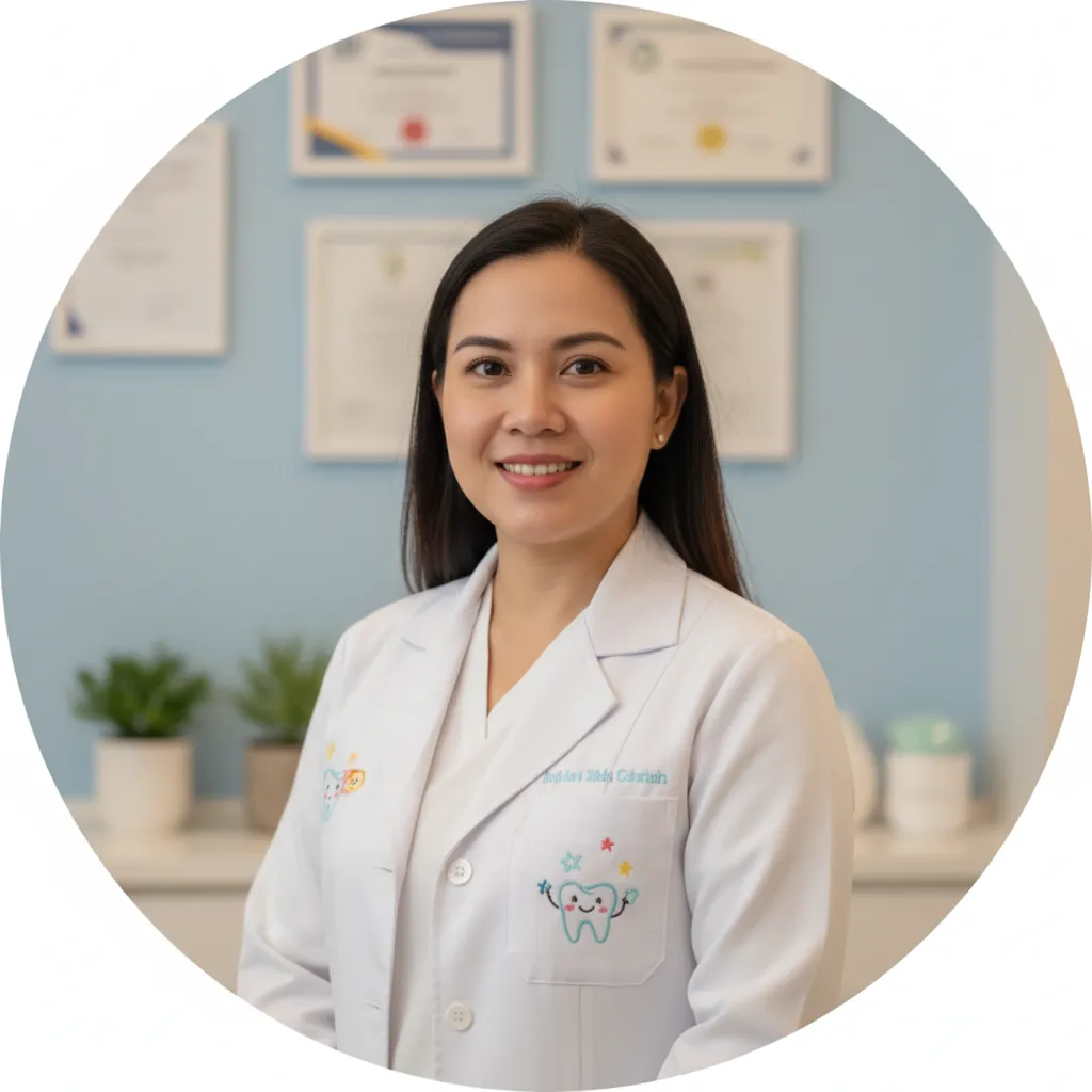Pediatric dentist smiling in clinic with credentials in the background