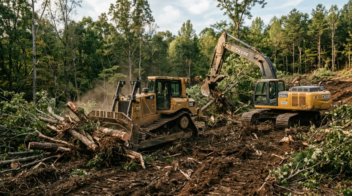 Heavy bulldozer and excavator performing complete lot land clearing