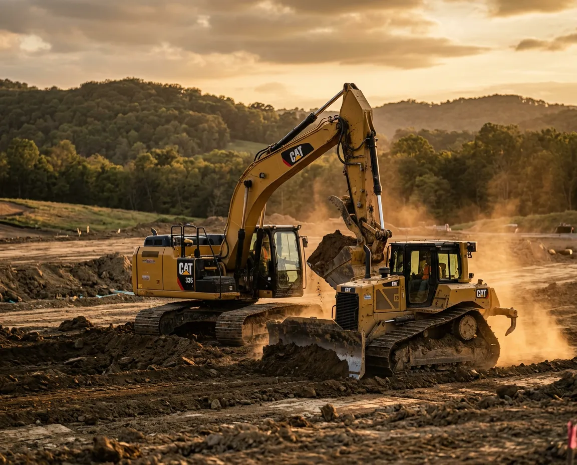 Heavy excavator clearing land and preparing job site in Birchwood Tennessee