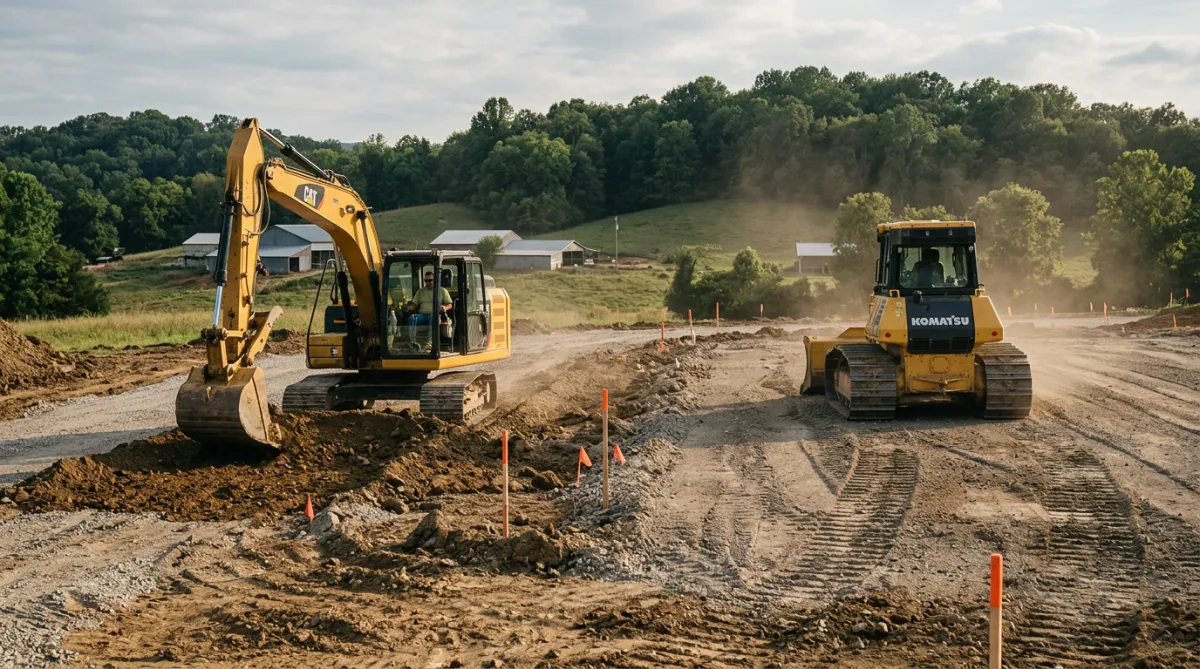 Heavy construction fleet actively developing building pad and road infrastructure