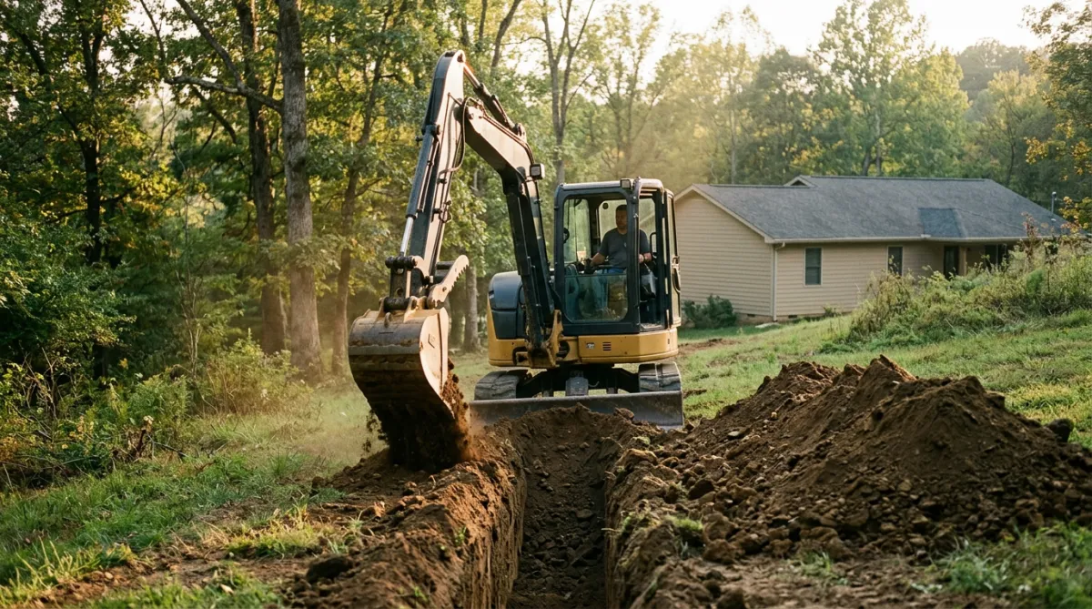 Excavator digging trench for complete new septic tank and drain field system installation