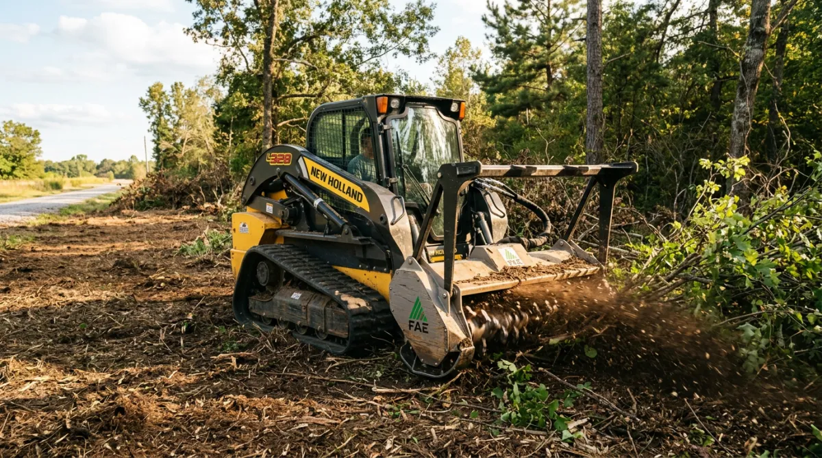 Heavy duty forestry mulcher processing dense brush and trees