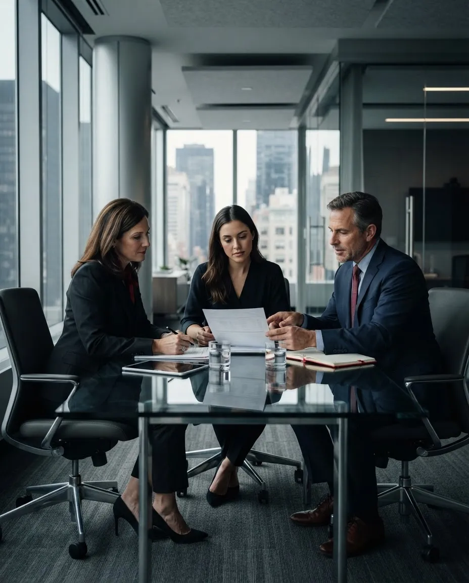Professional financial advisory consultation in a modern corporate office setting with serious advisors reviewing client strategies