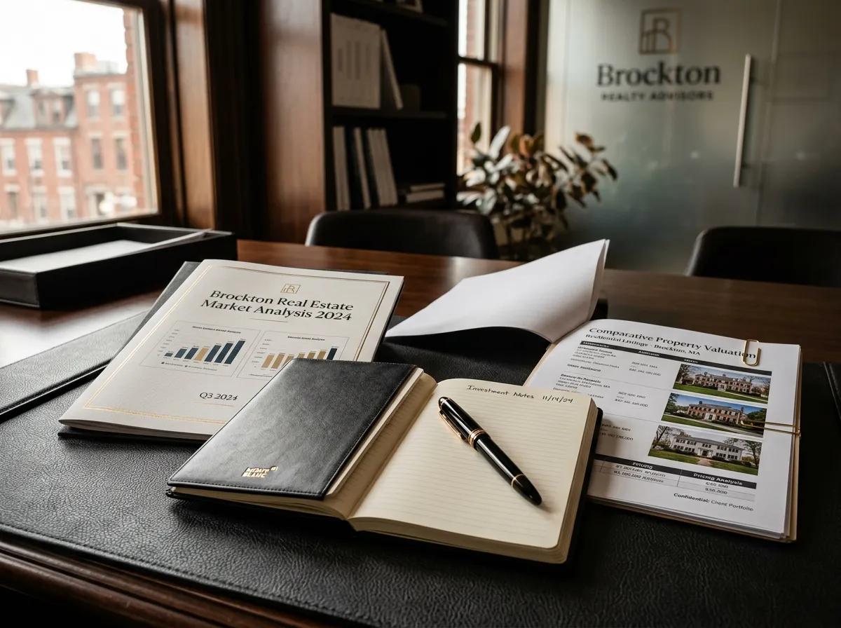 Real estate market analytical report and property value briefing on luxury desk