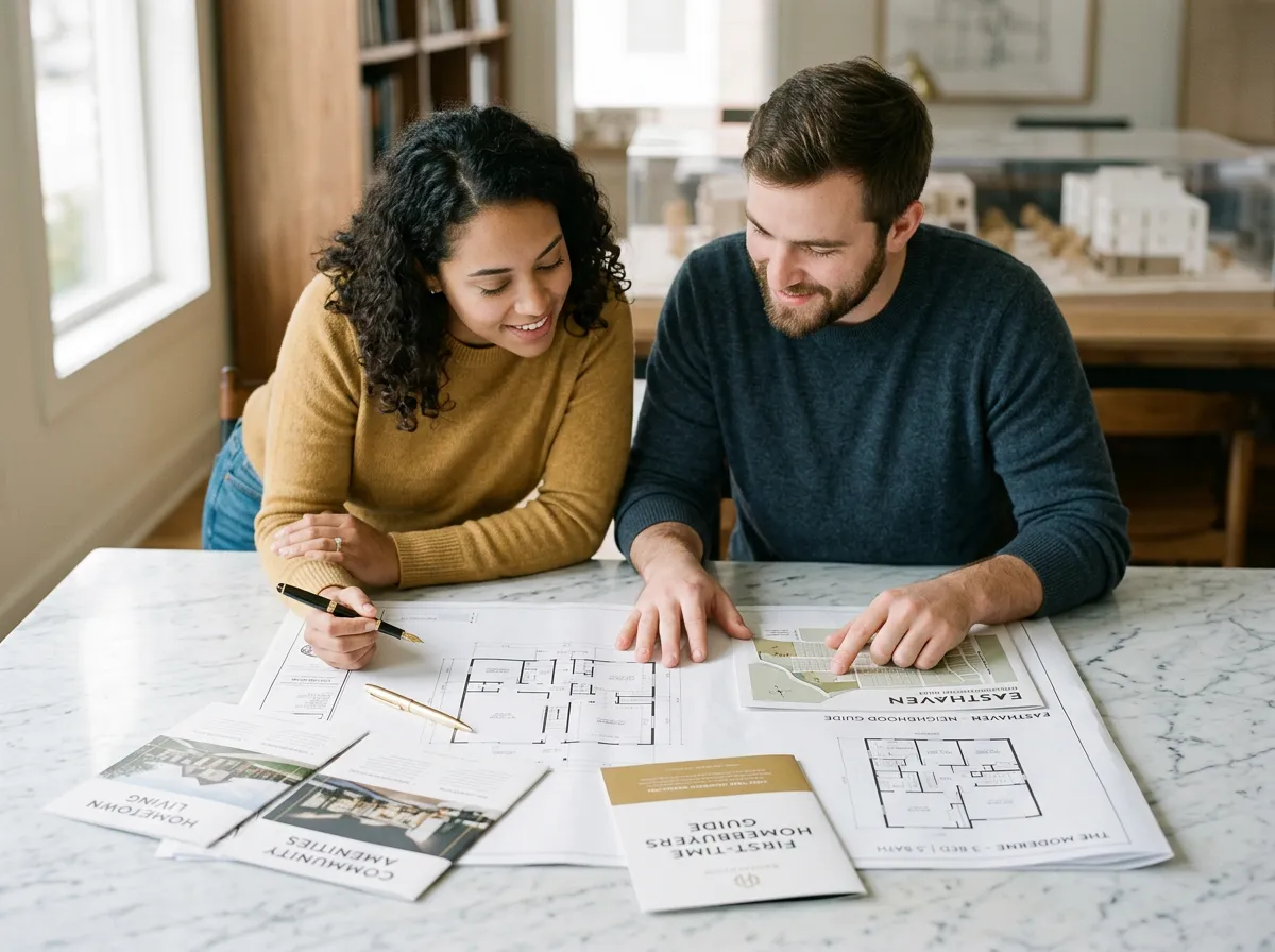 First time homebuyers reviewing architectural plans and neighborhood portfolios