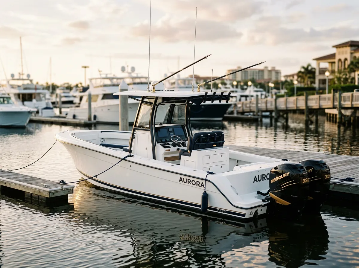 Sleek modern offshore center-console fishing vessel docked at high-end marina