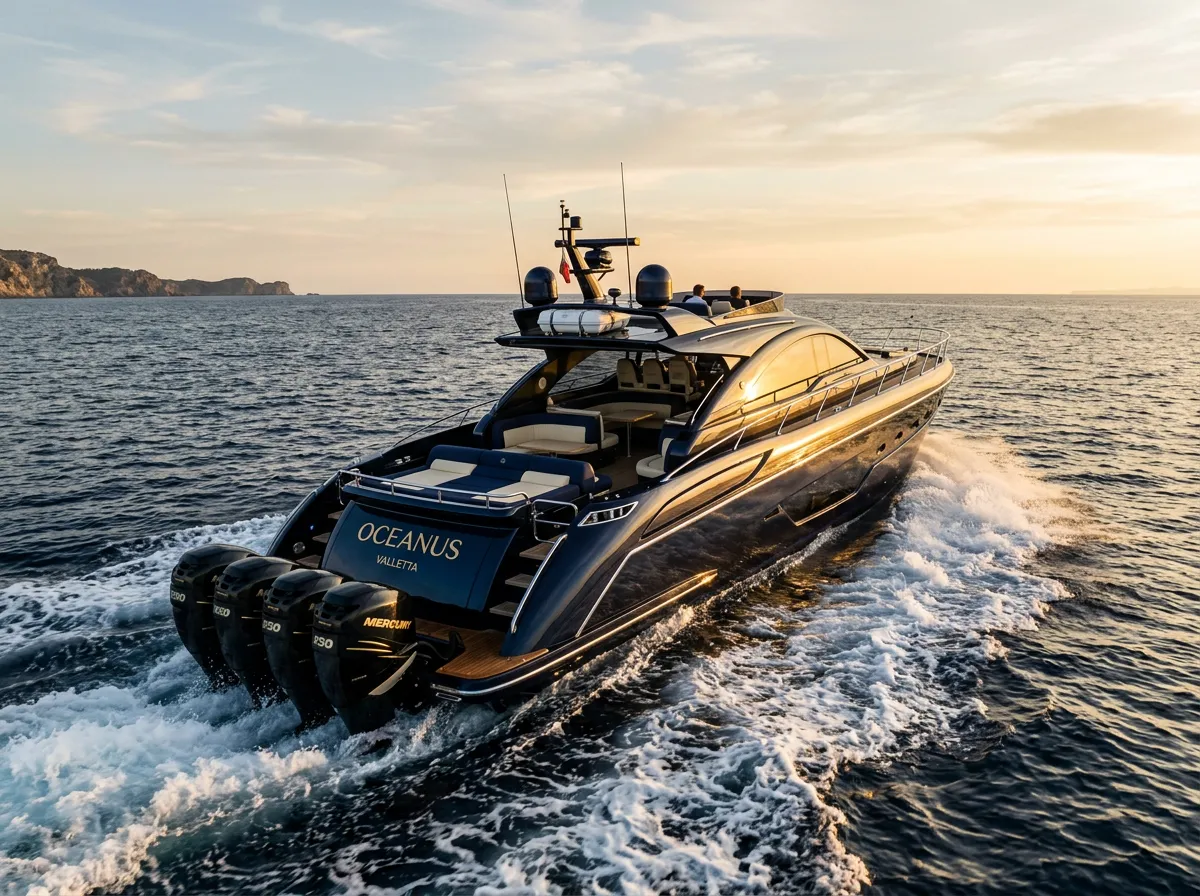 Luxury sport yacht cutting through deep blue coastal water with outboard propulsion