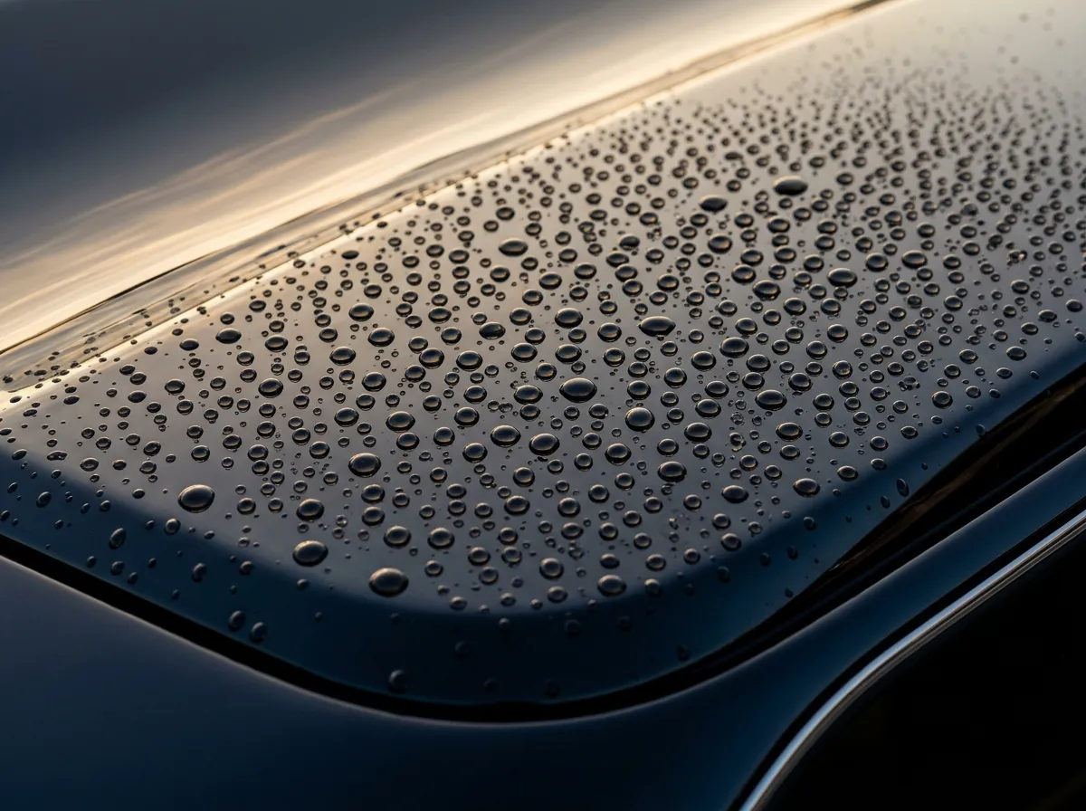 Close-up of pristine marine gelcoat surface with water beading off ceramic coating