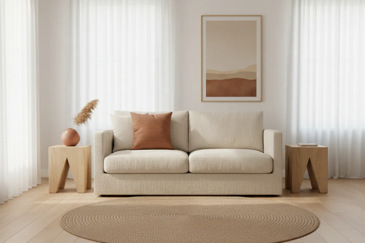 A brightly lit living room with minimalist decor