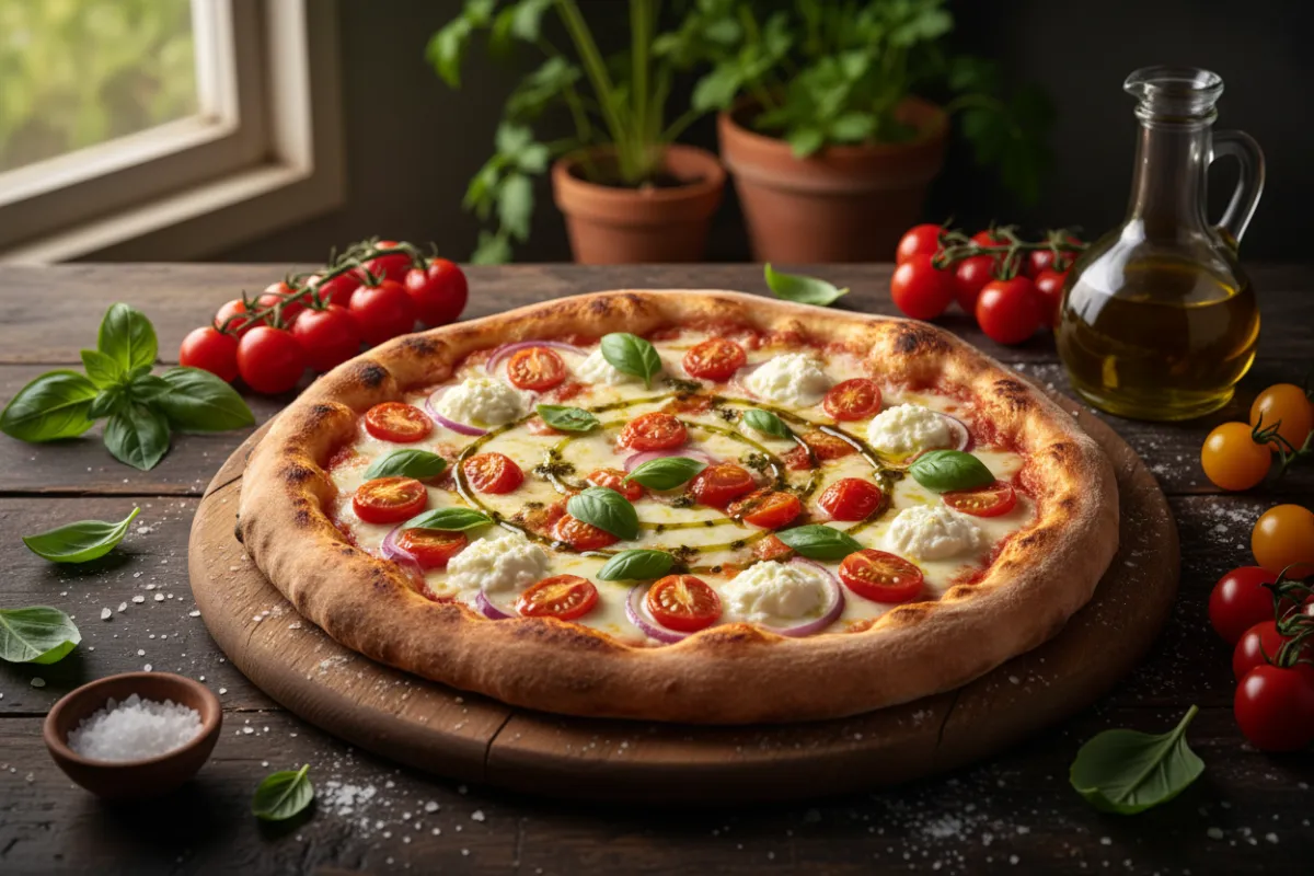 Wood-fired garden pizza with fresh vegetables